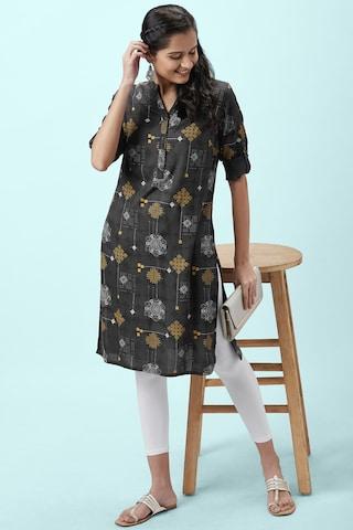 grey print casual mandarin 3/4th sleeves knee length women regular fit kurta