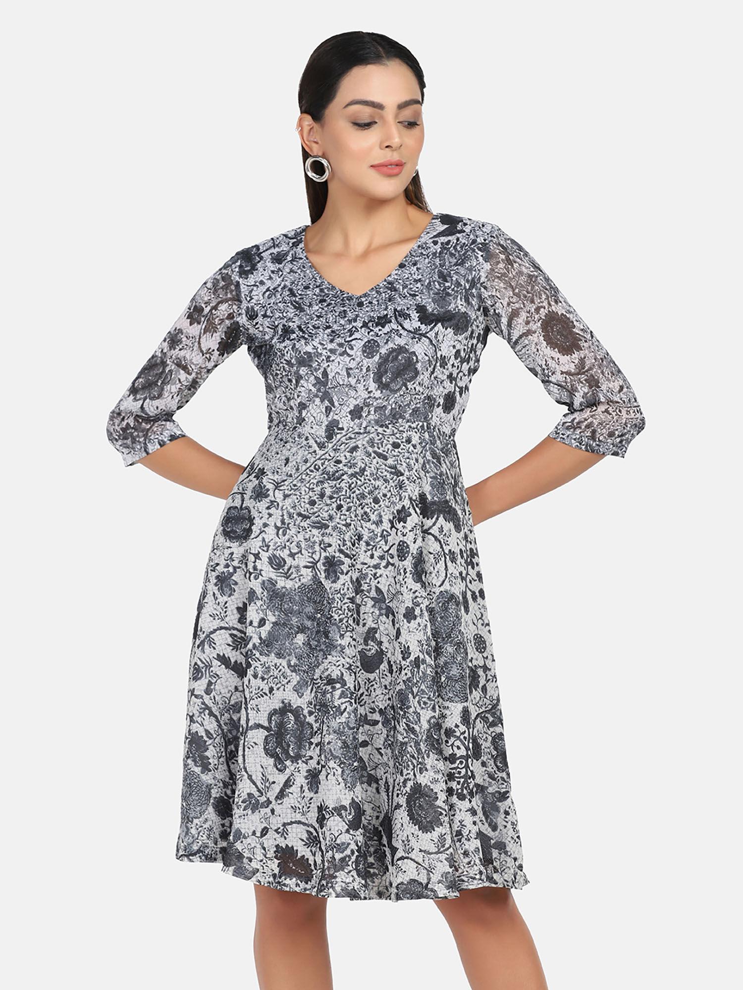 grey print flare dress