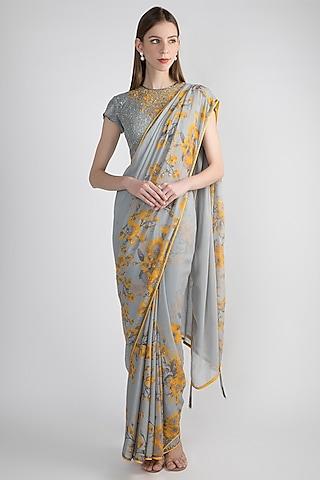 grey printed & embroidered saree set