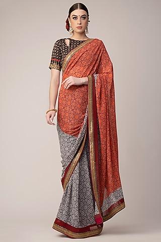 grey printed & embroidered saree set