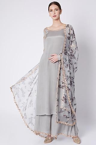 grey printed & embroidered tunic set