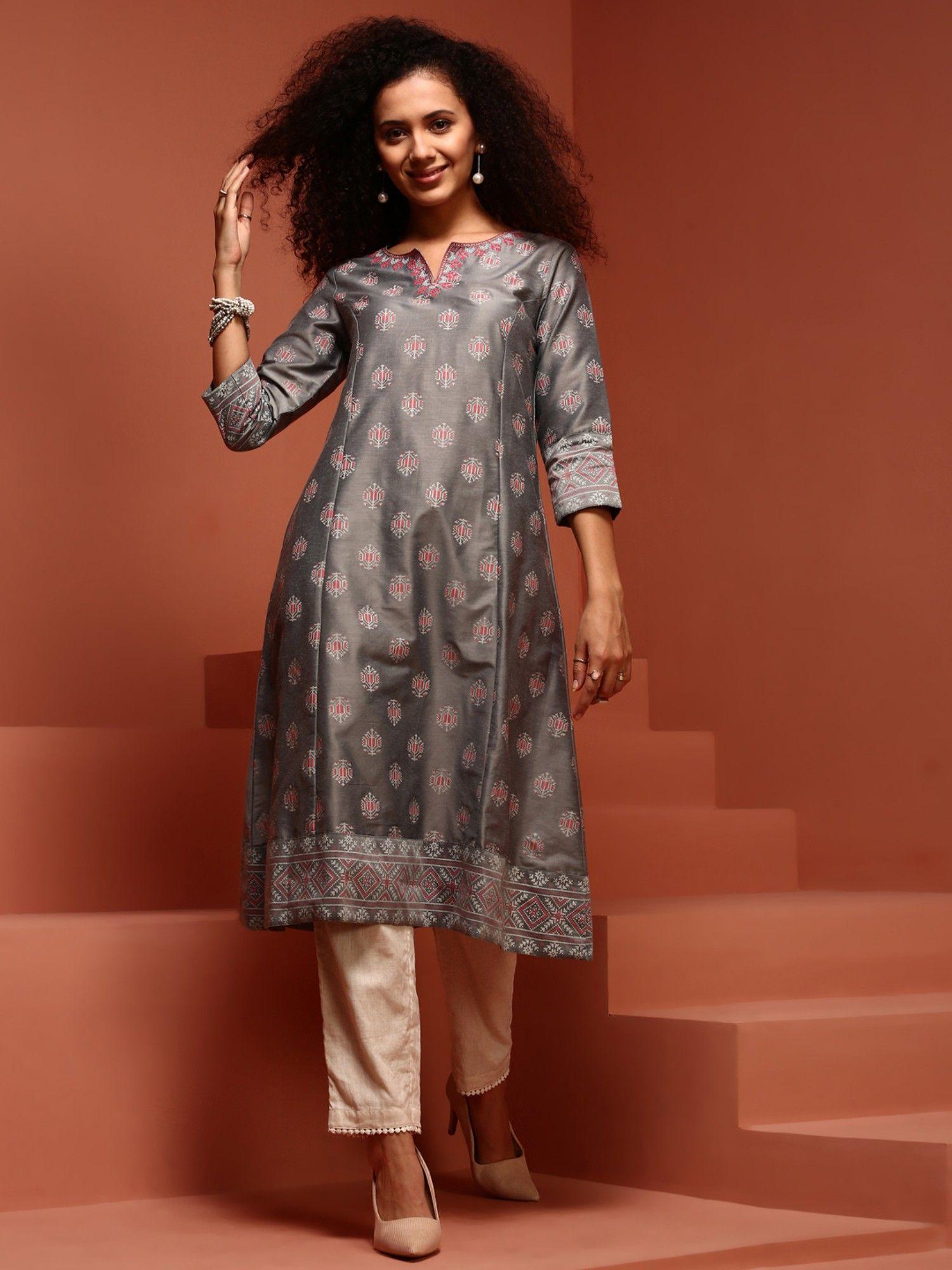 grey printed a-line kurta