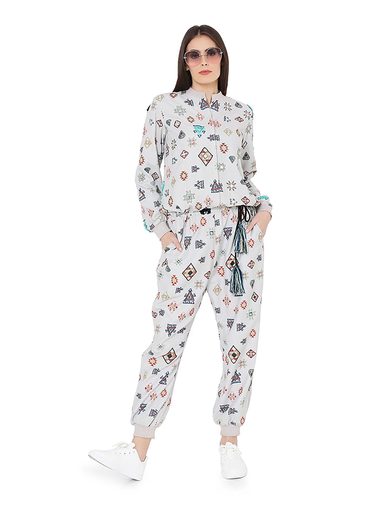 grey printed art crepe jumpsuit