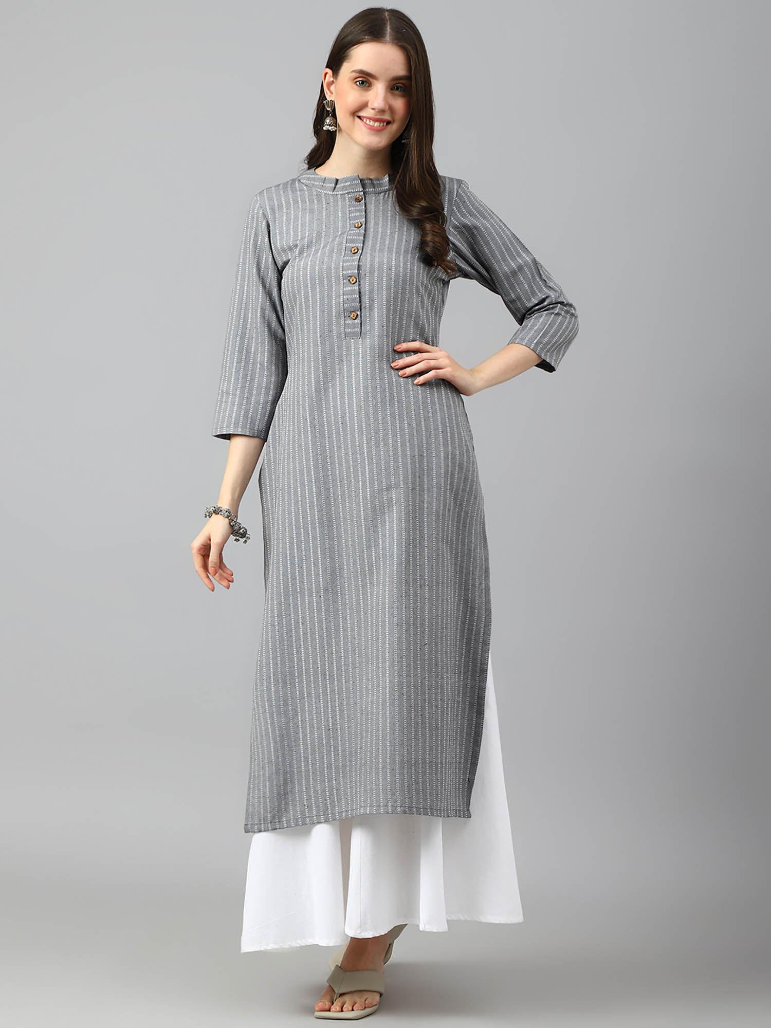 grey printed cotton blend kurta