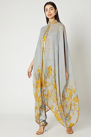 grey printed embroidered cape set