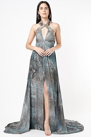 grey printed gown with tail