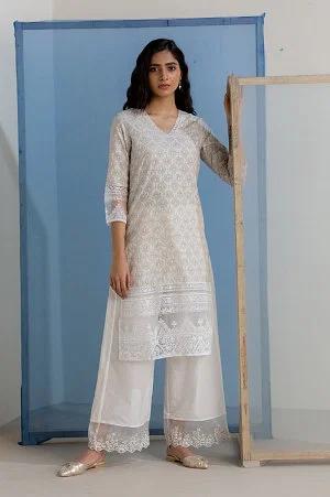 grey printed kurta with broasso border