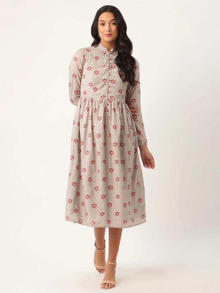 grey printed mandarin collar dress