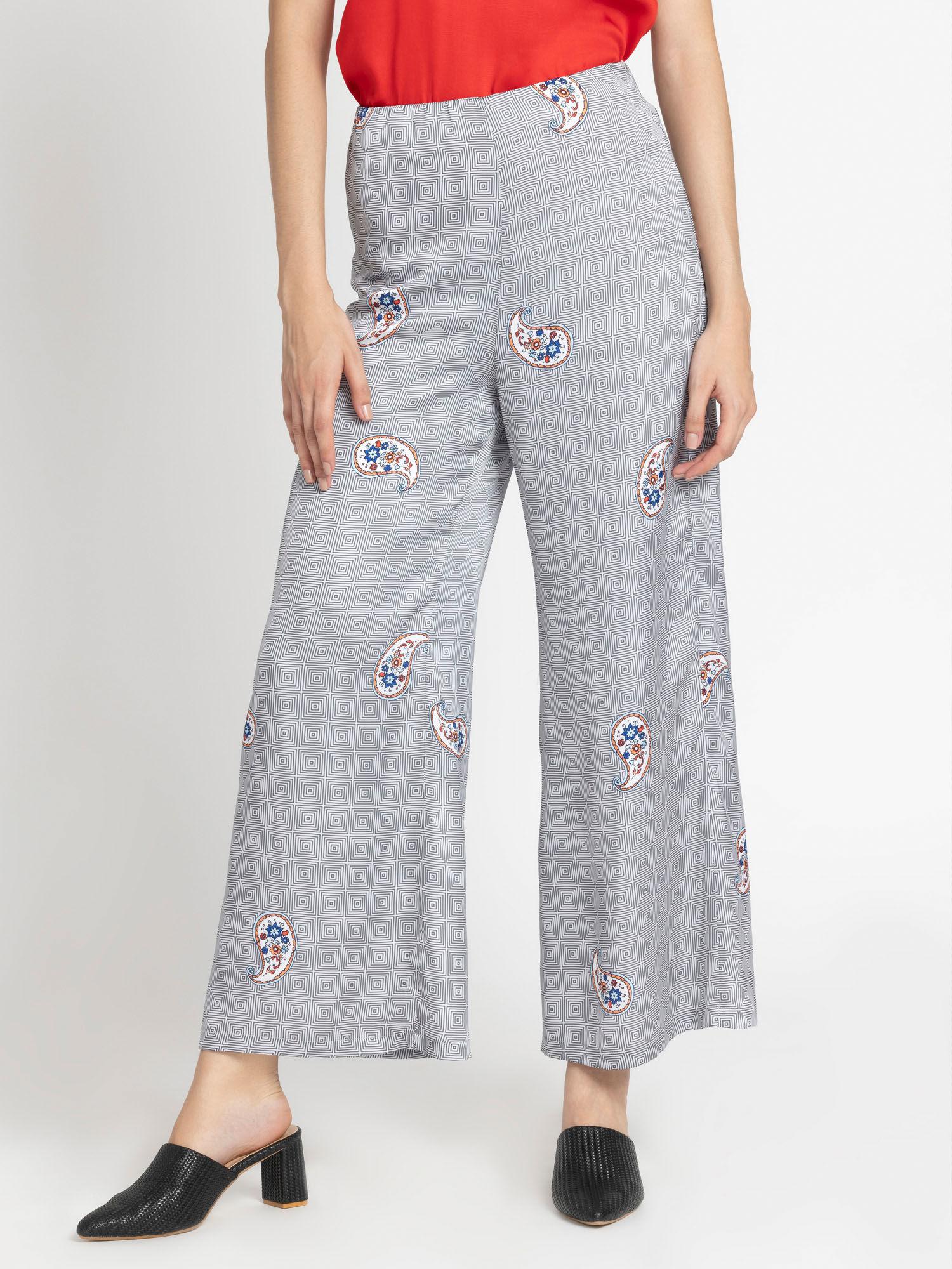 grey printed mid-rise casual trousers for women