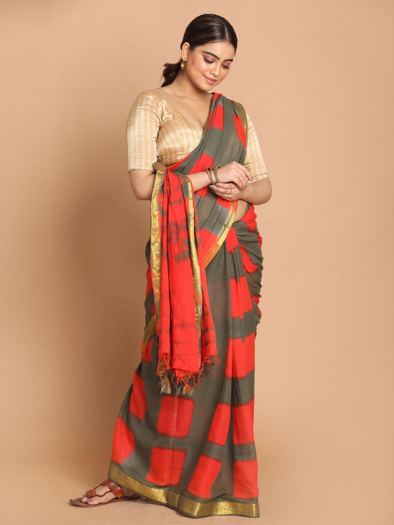 grey printed pure cotton saree with unstitched blouse