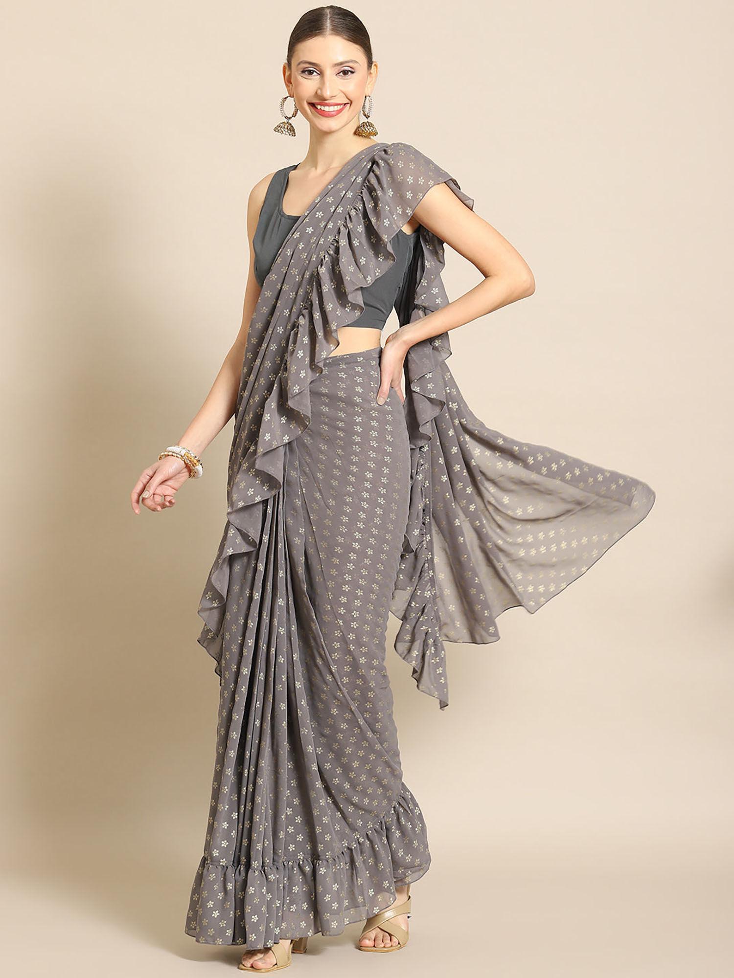 grey printed ready to wear saree with unstitched blouse