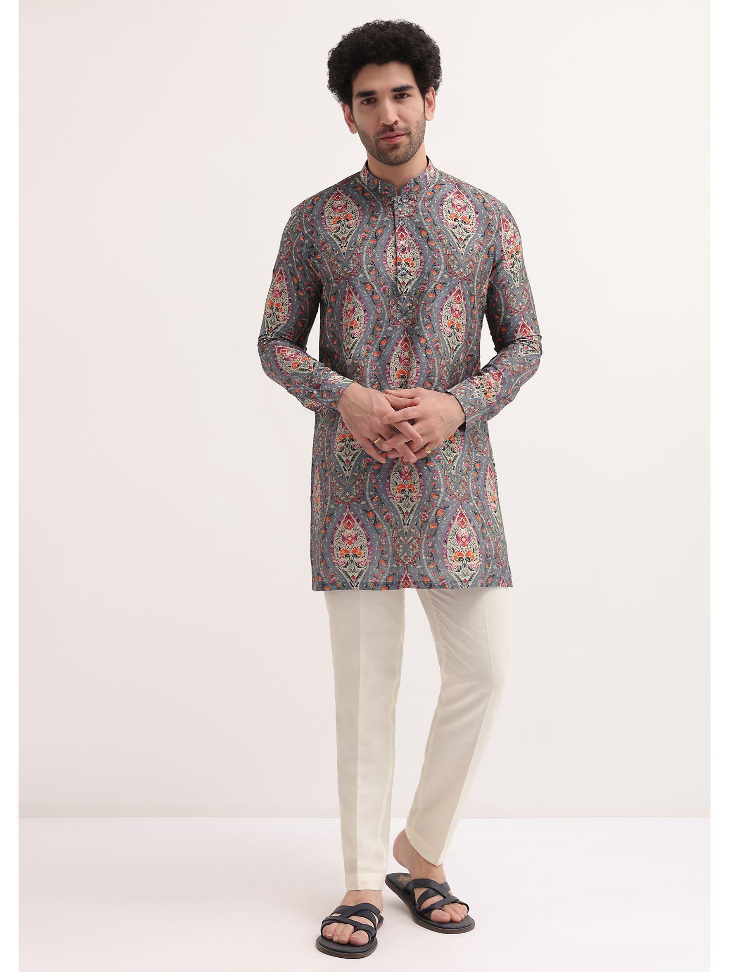 grey printed silk short kurta with pant for men (set of 2)