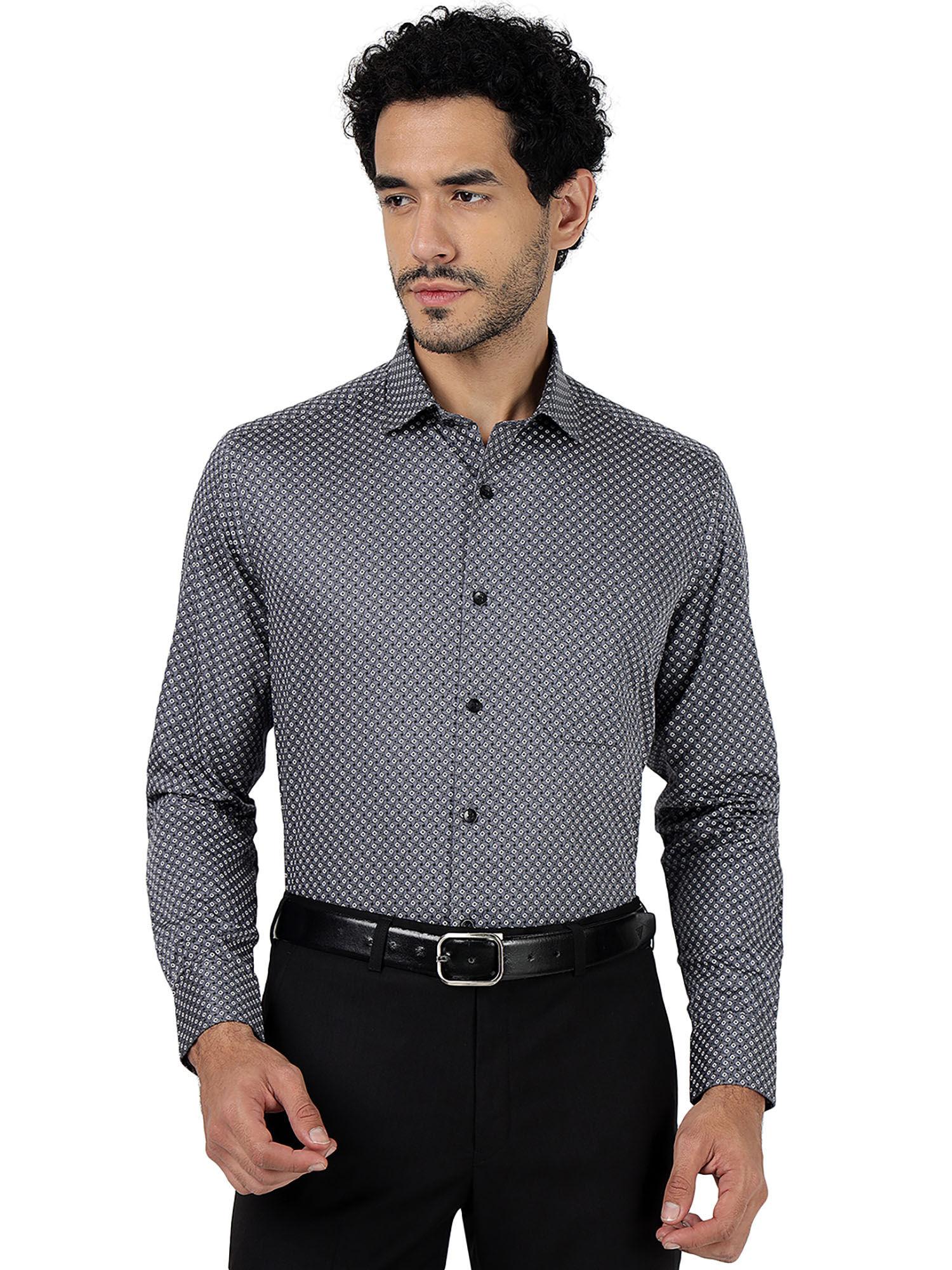grey printed slim fit cotton formal shirt