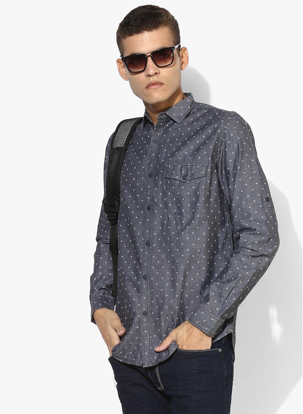 grey printed slim fit denim shirt