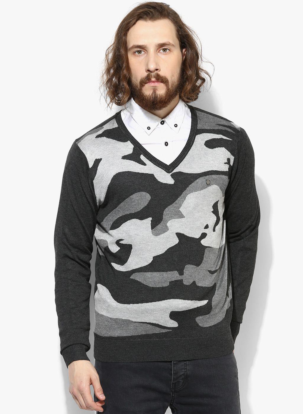 grey printed v neck sweater
