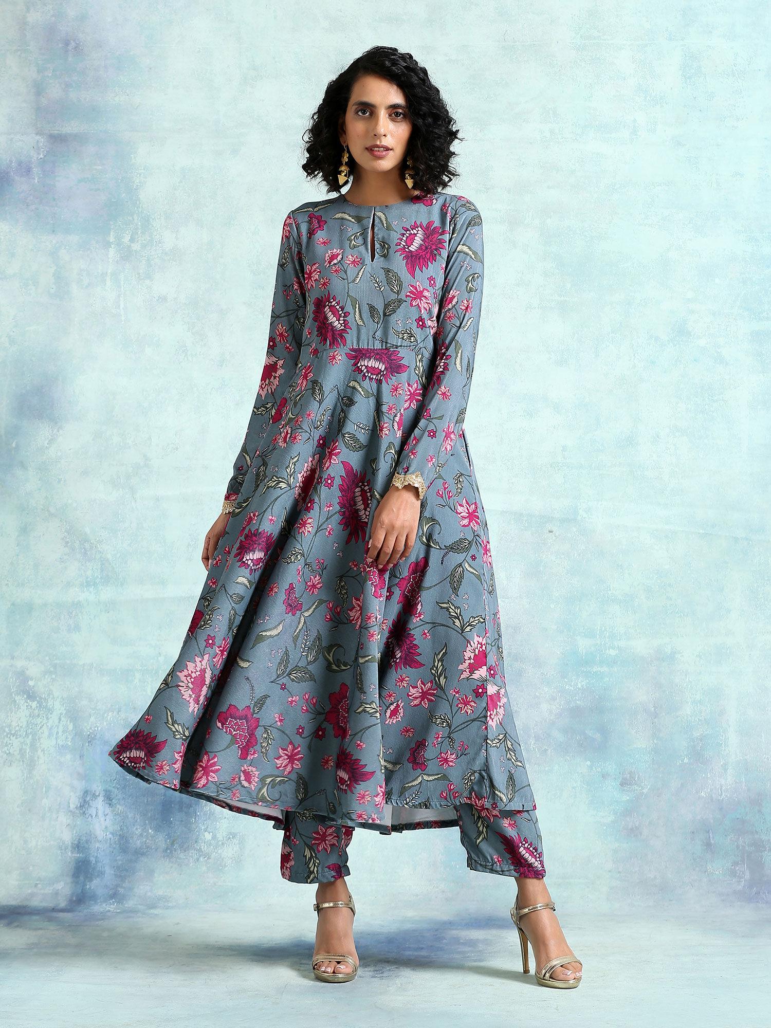 grey printed velvet anarkali kurta