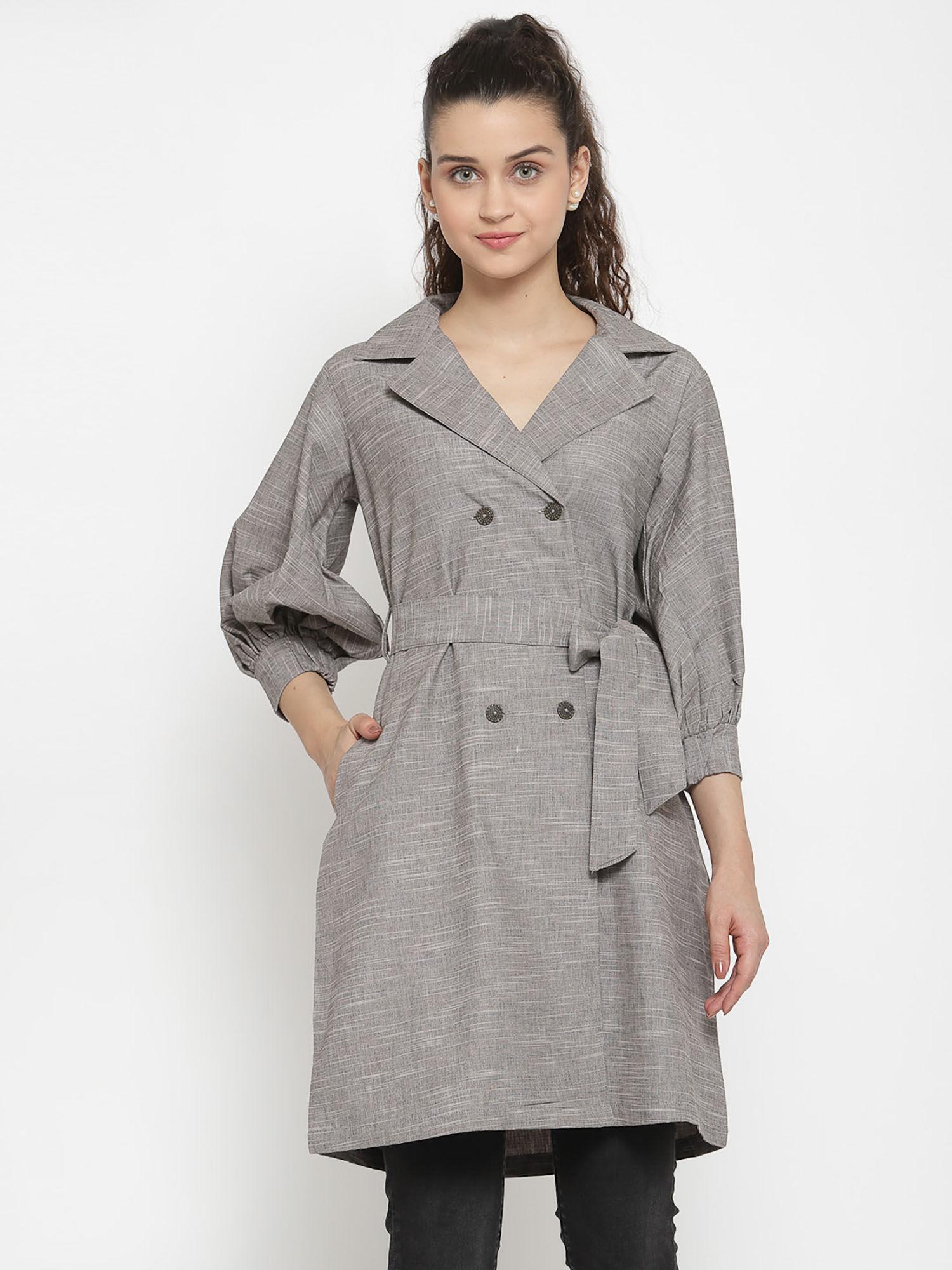 grey pure cotton self-design double-breasted trench coat with a belt