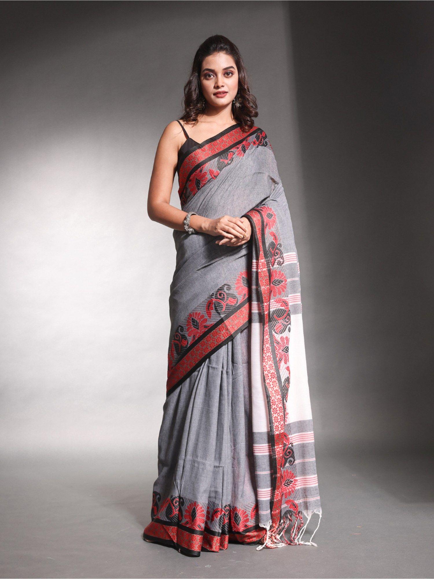 grey pure cotton solid soft saree with unstitched blouse