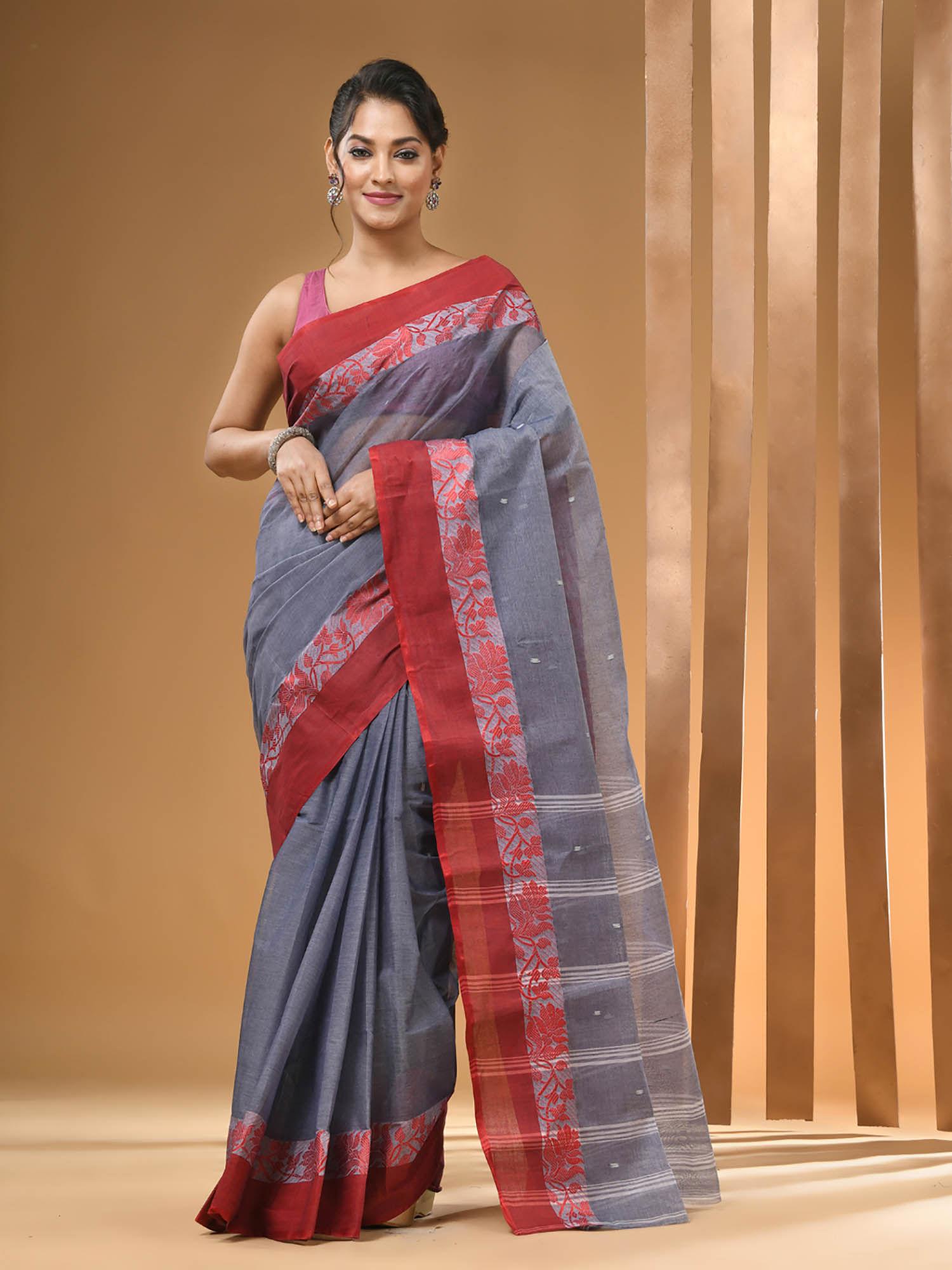 grey pure cotton tant & woven designs saree without blouse