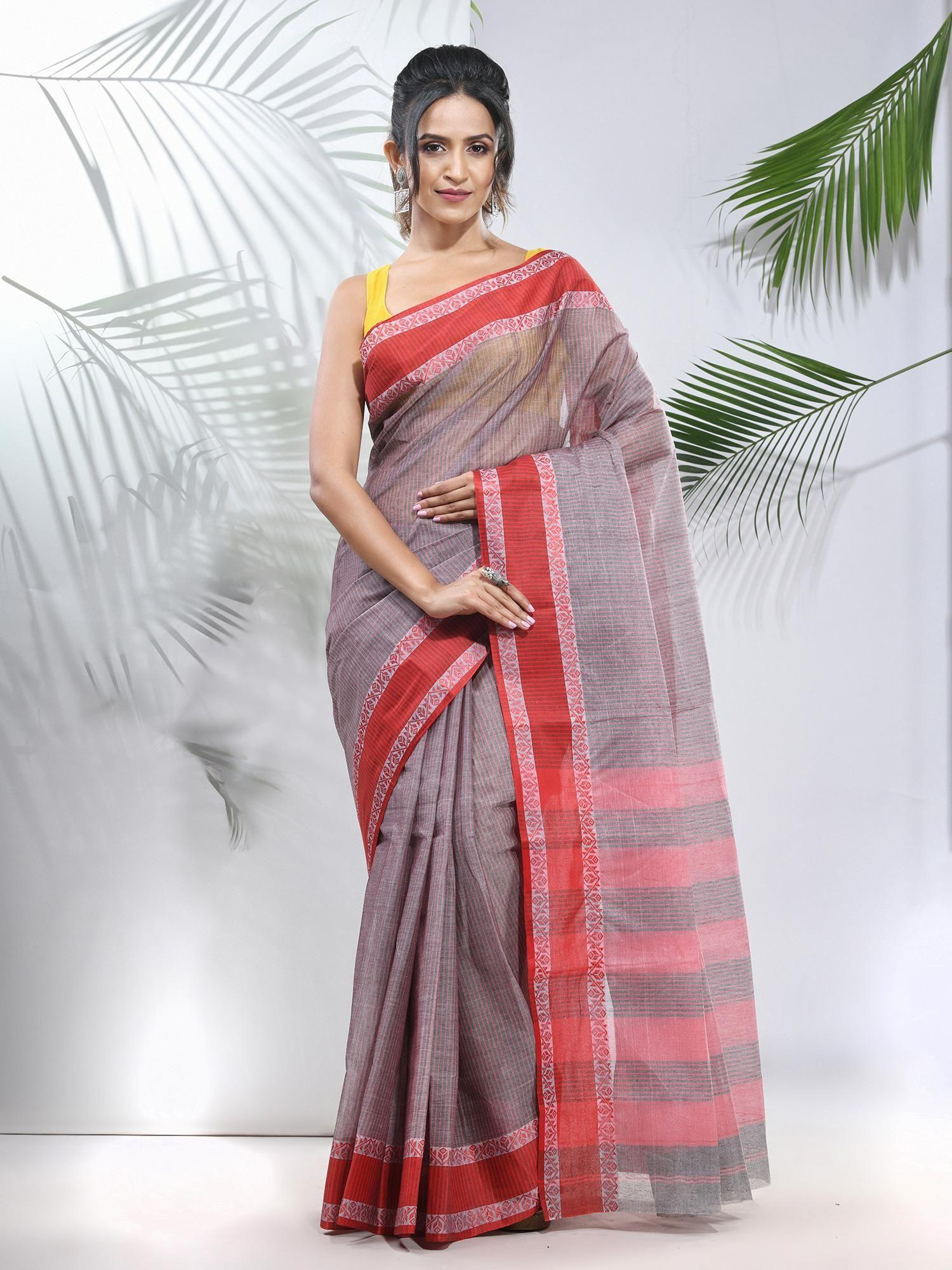 grey pure cotton tant woven designs saree without blouse