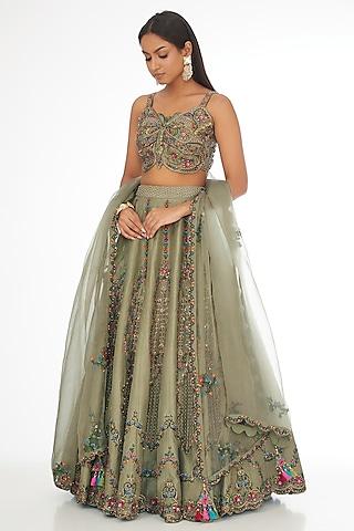 grey pure dupion silk aari embroidered lehenga set