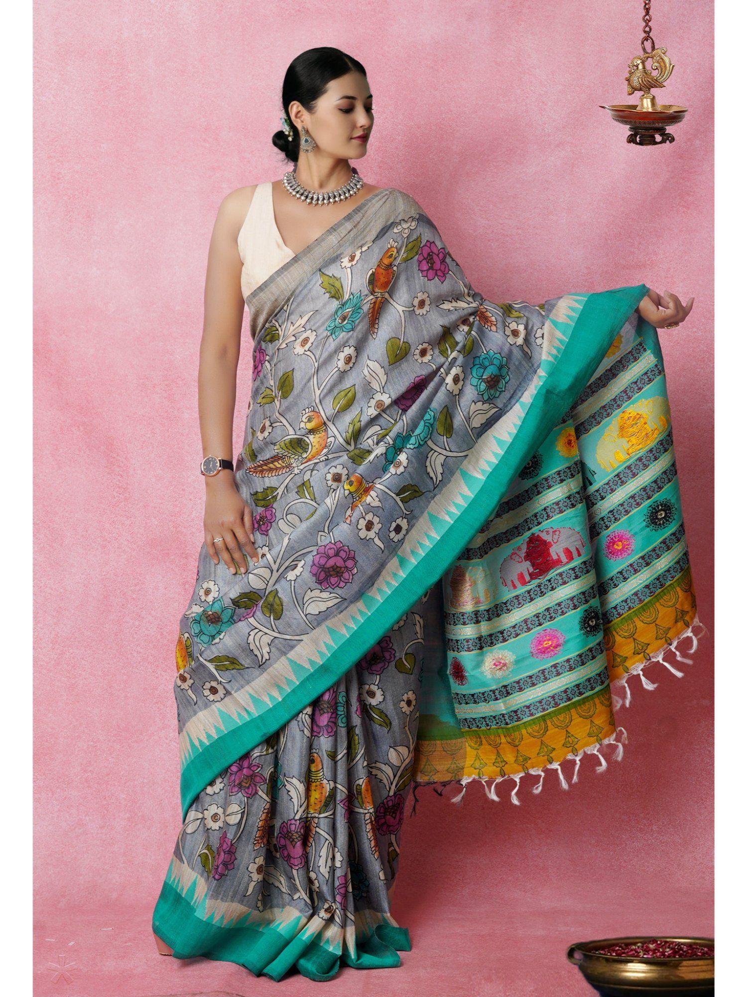 grey pure handloom pen kalamkari work & acid colors silk saree & unstitched blouse