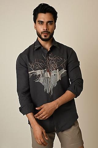 grey pure linen thread embroidered shirt