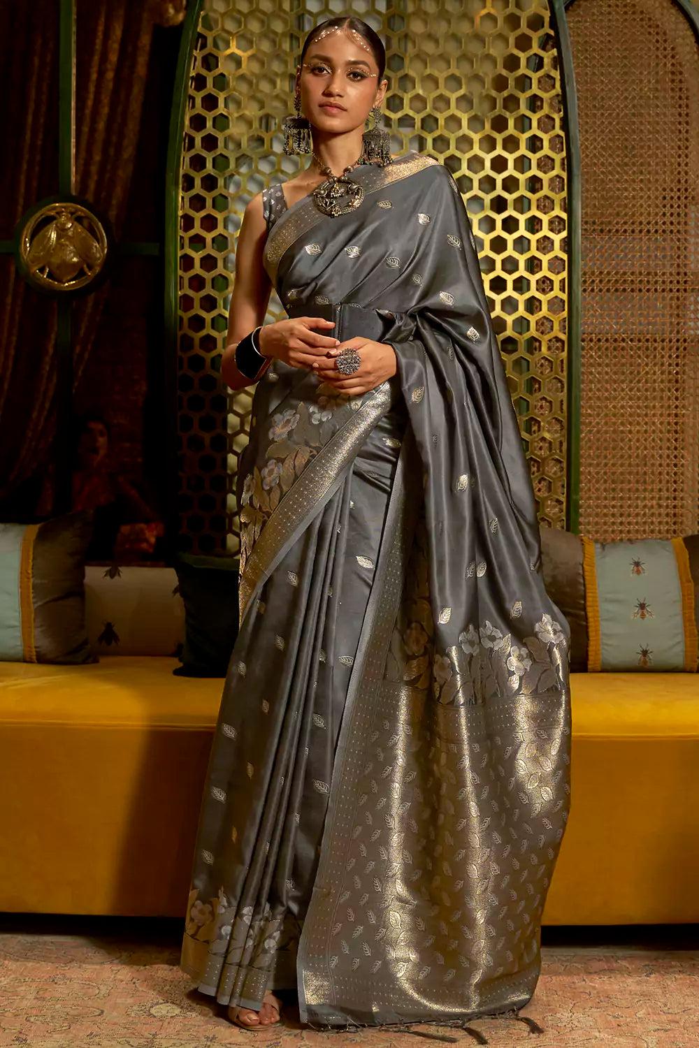 grey pure satin handloom silk saree with weaving work