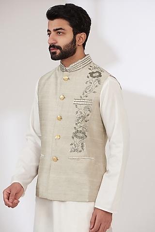 grey raw silk embroidered nehru jacket