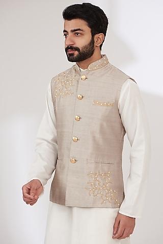 grey raw silk embroidered nehru jacket