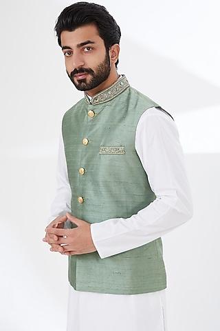 grey raw silk embroidered nehru jacket