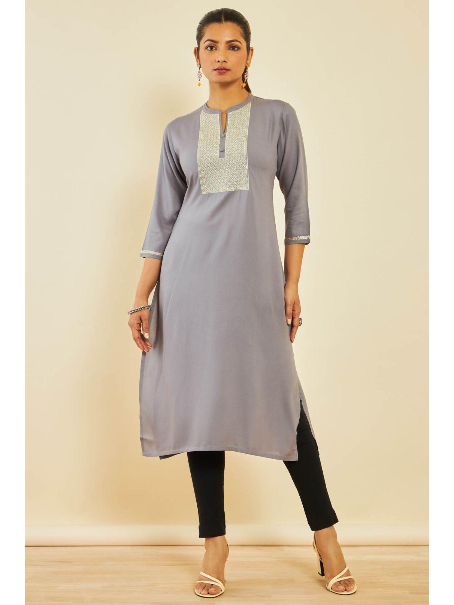 grey rayon embroidered kurta with thread work