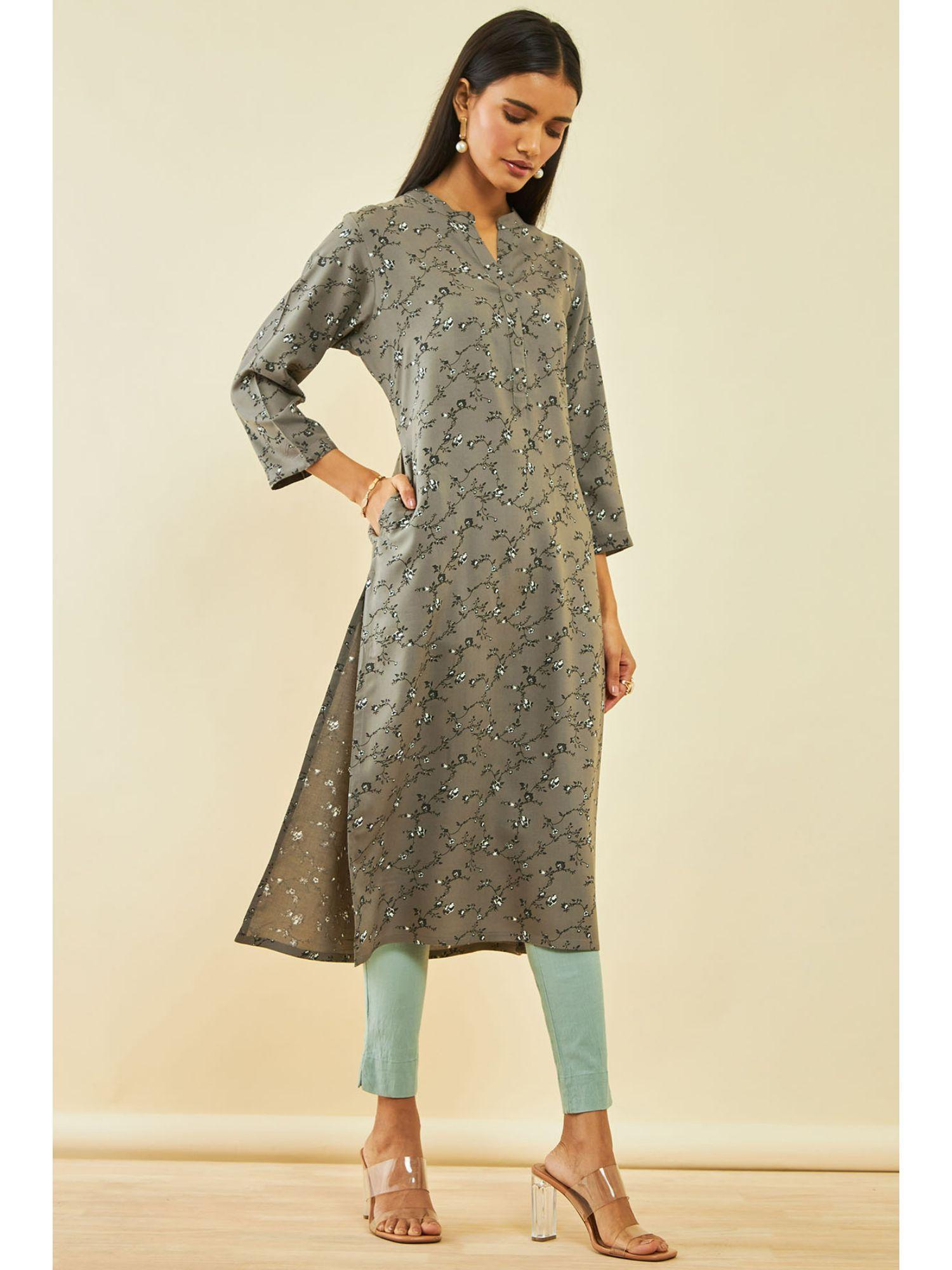 grey rayon floral print kurta