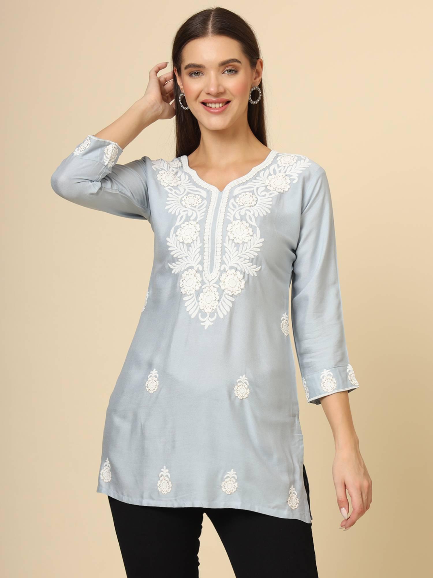 grey rayon lucknowi chickankari work kurti