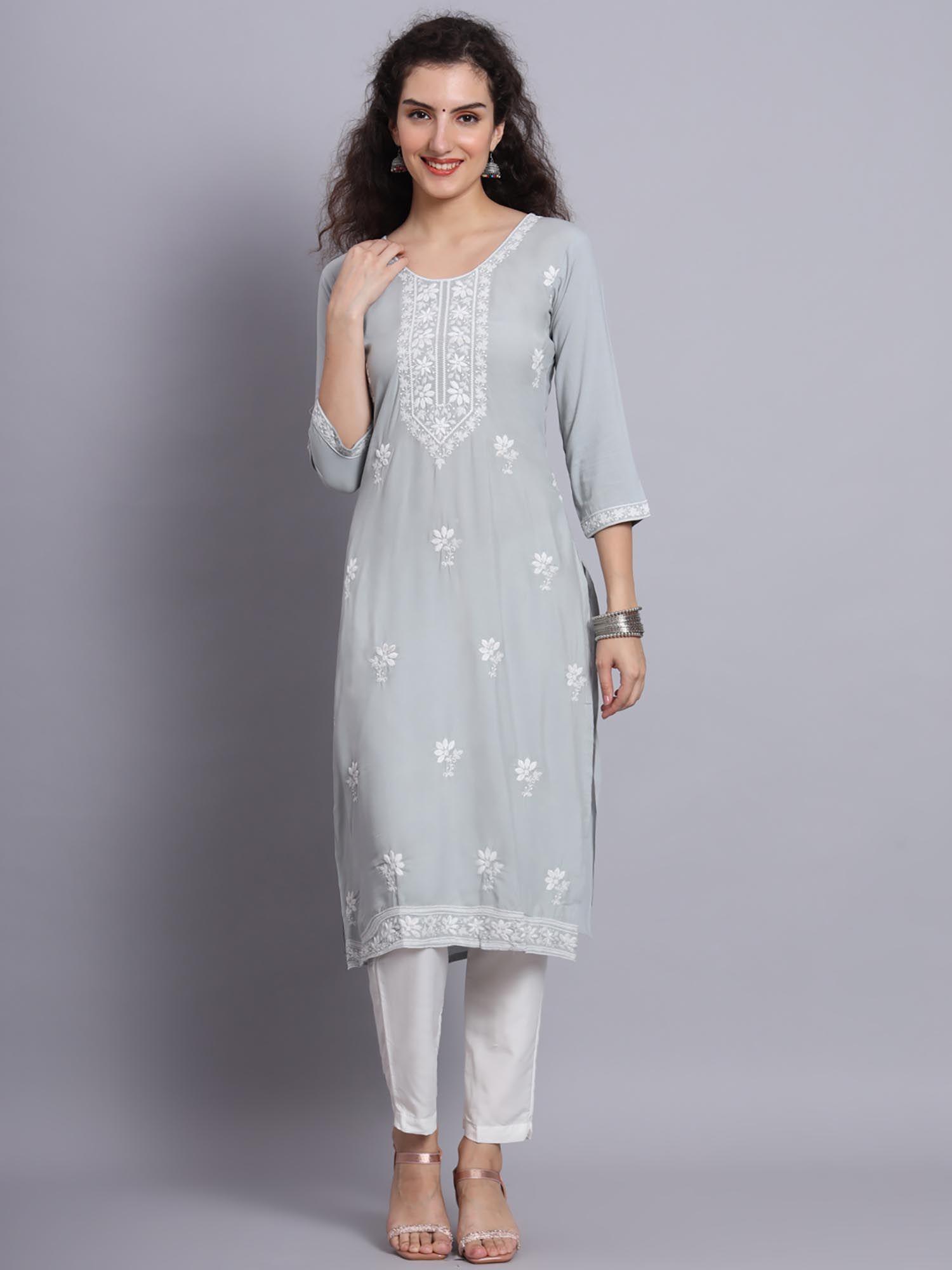 grey rayon lucknowi chikankari work straight kurta