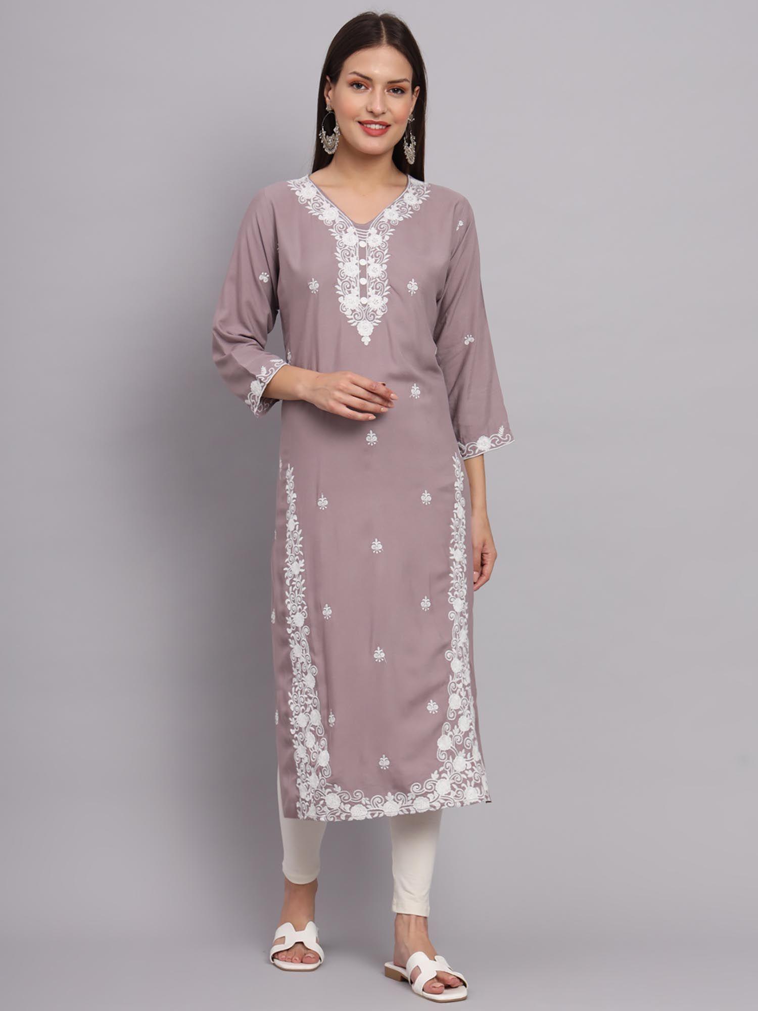 grey rayon lucknowi chikankari work straight kurta