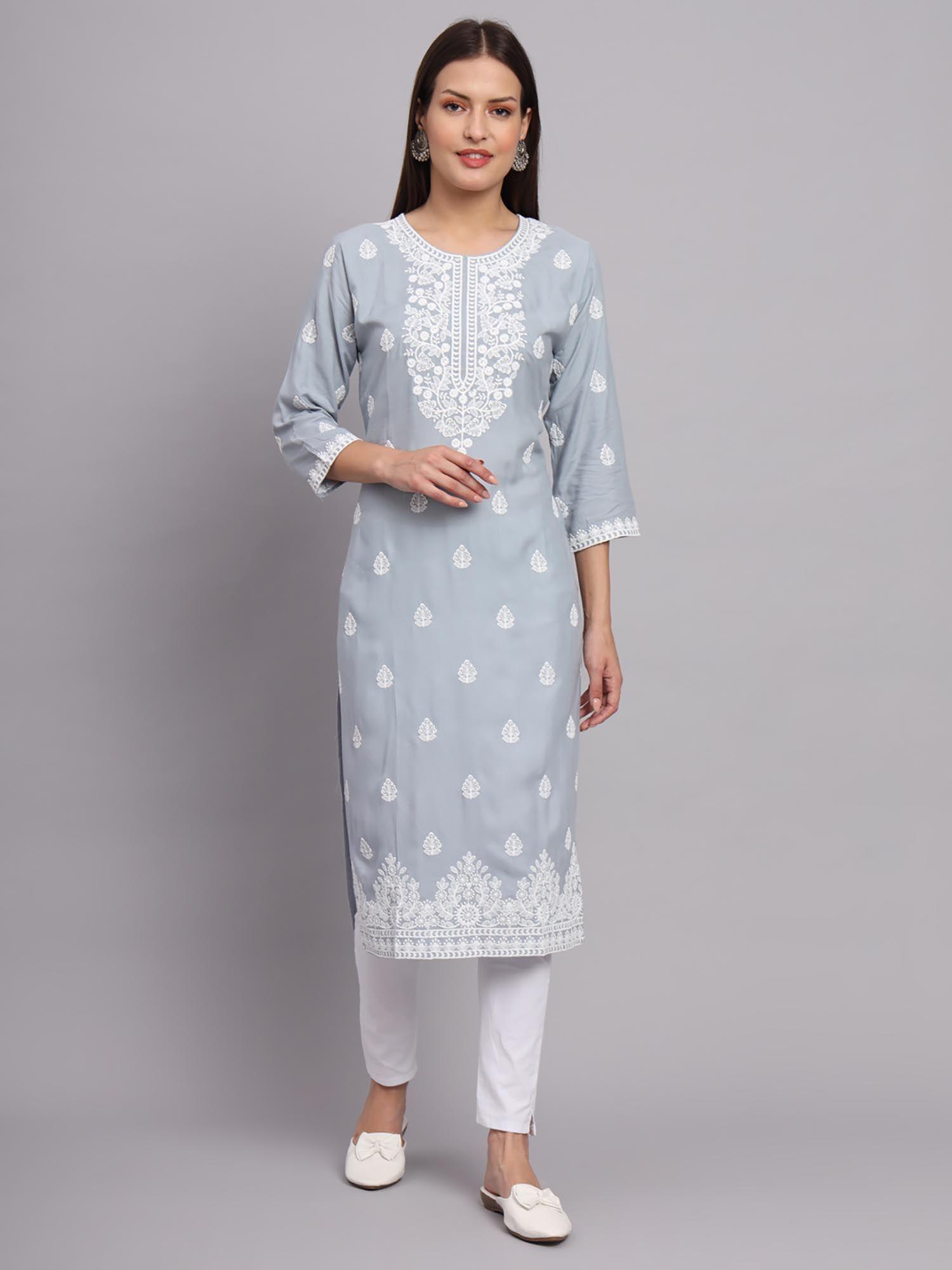 grey rayon lucknowi chikankari work straight kurta