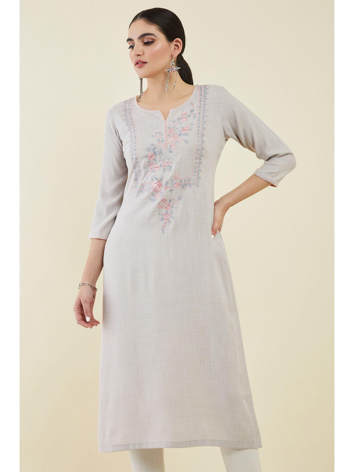 grey rayon straight kurta with floral embroidered designs