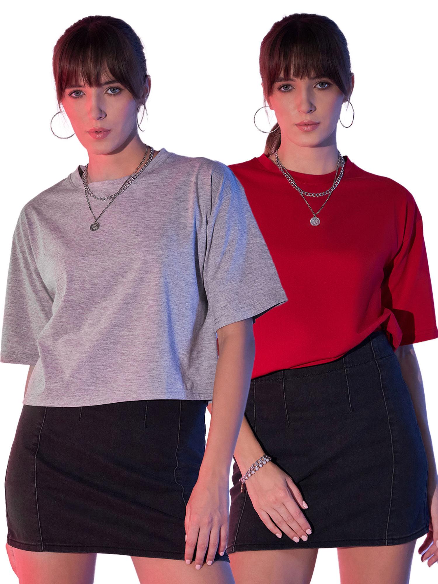 grey red cotton solid loose fit women cropped t-shirt (pack of 2)