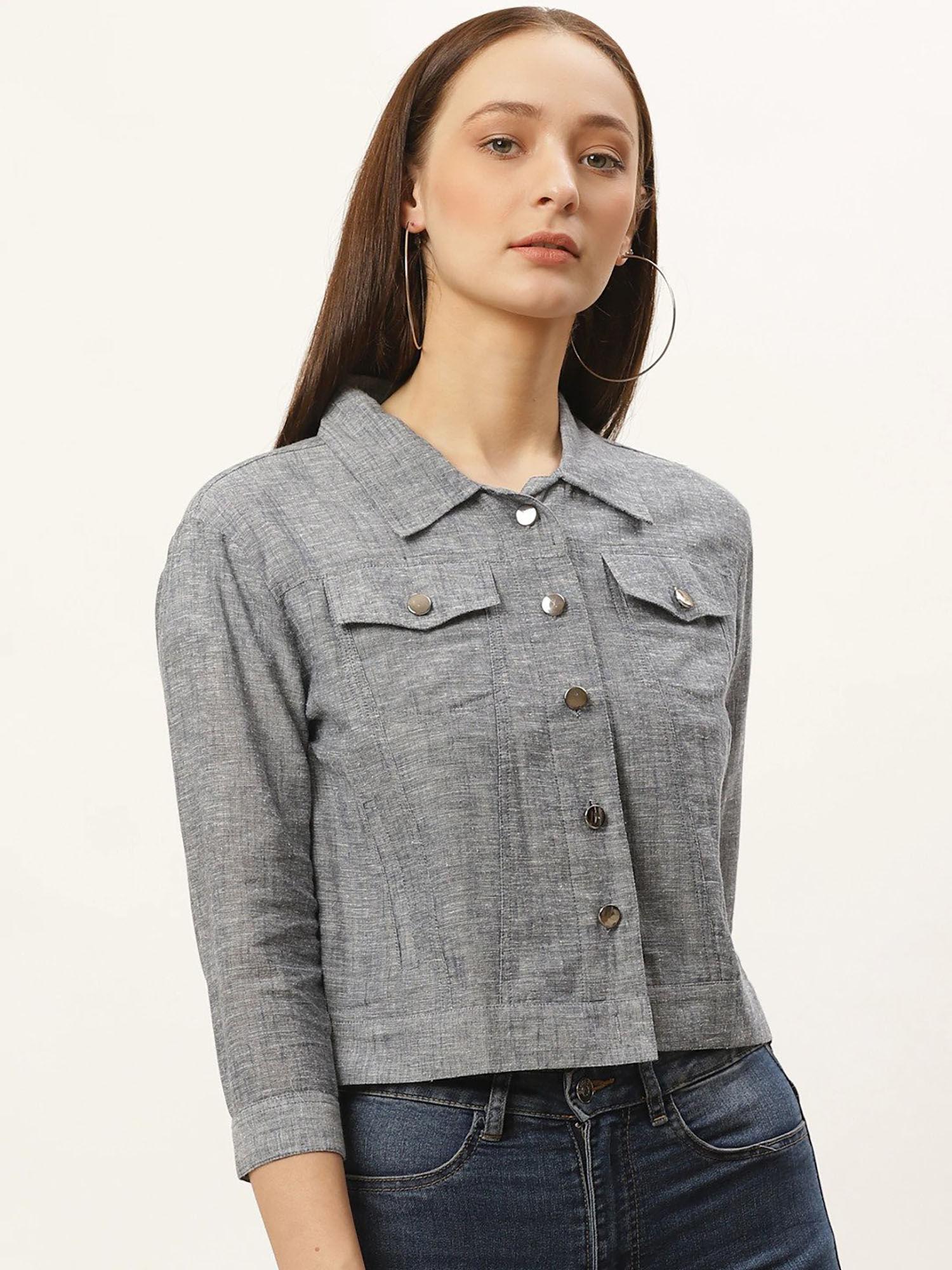 grey regular fit solid crop shacket