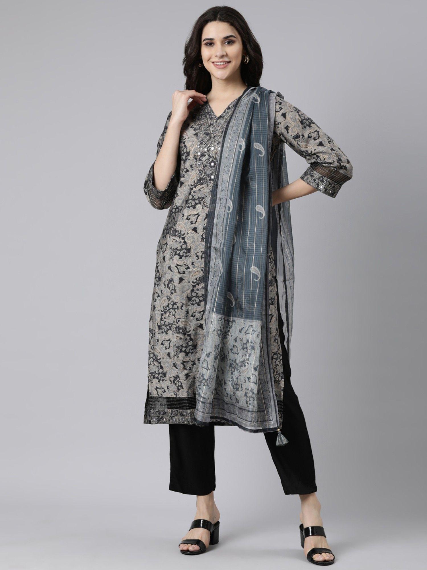 grey regular straight paisley kurta and trousers with dupatta (set of 3)