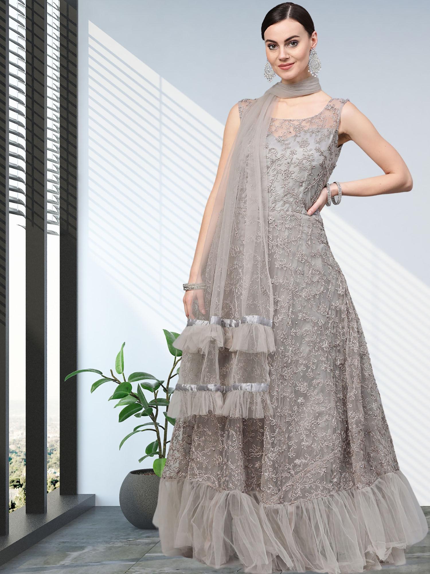 grey resham embroidered ruffled gown with dupatta (set of 2)