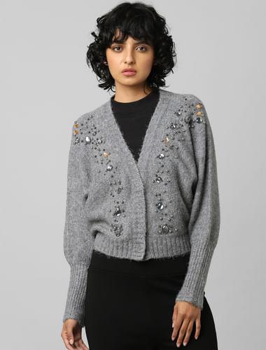 grey rhinestone detail cardigan