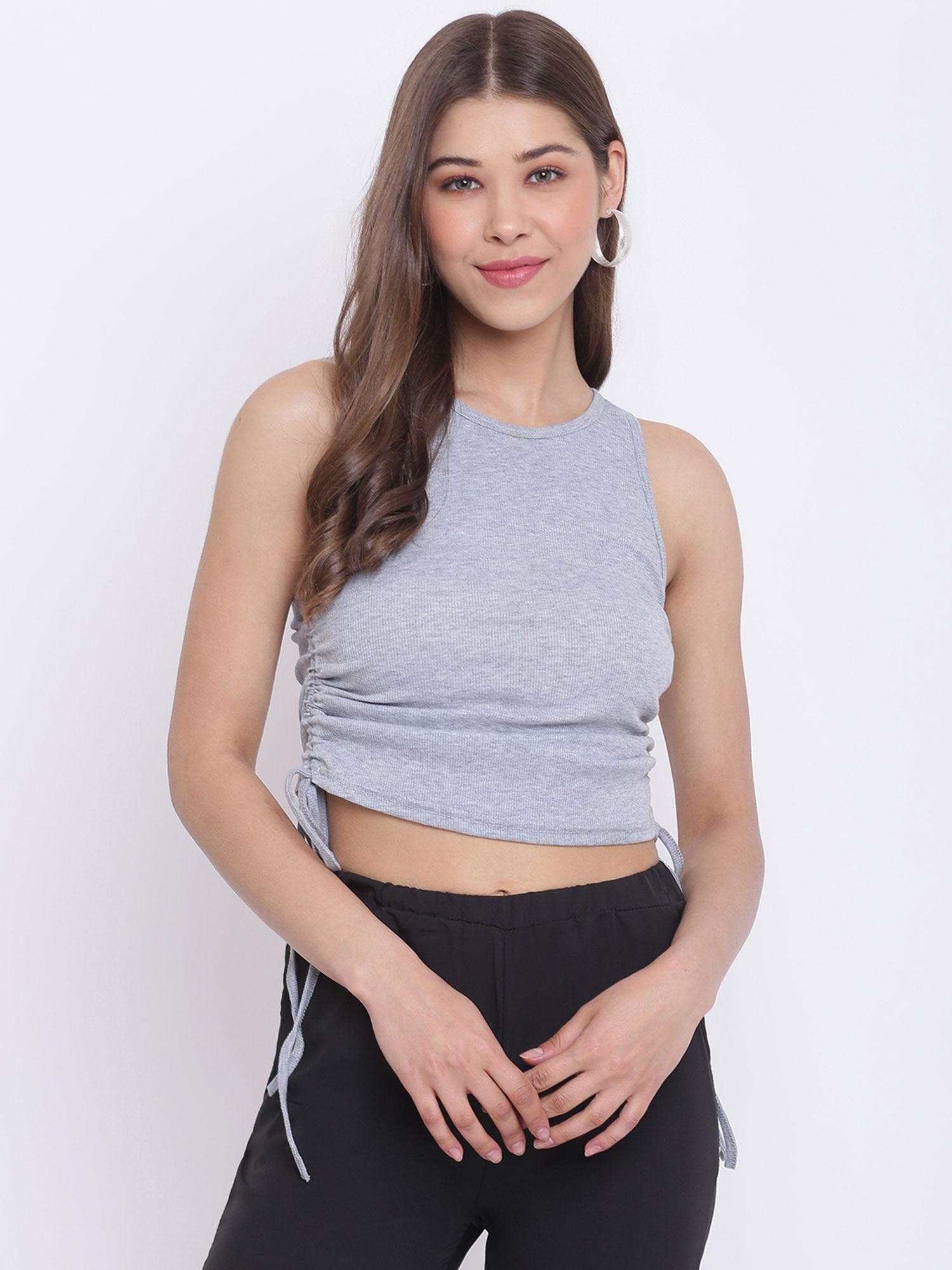 grey rib halter neck ruched crop top