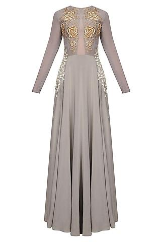 grey rosette motifs dabka and pearl embroidered evening gown