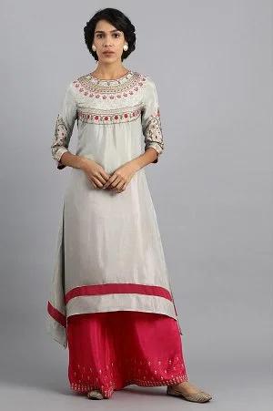 grey round neck embroidered kurta