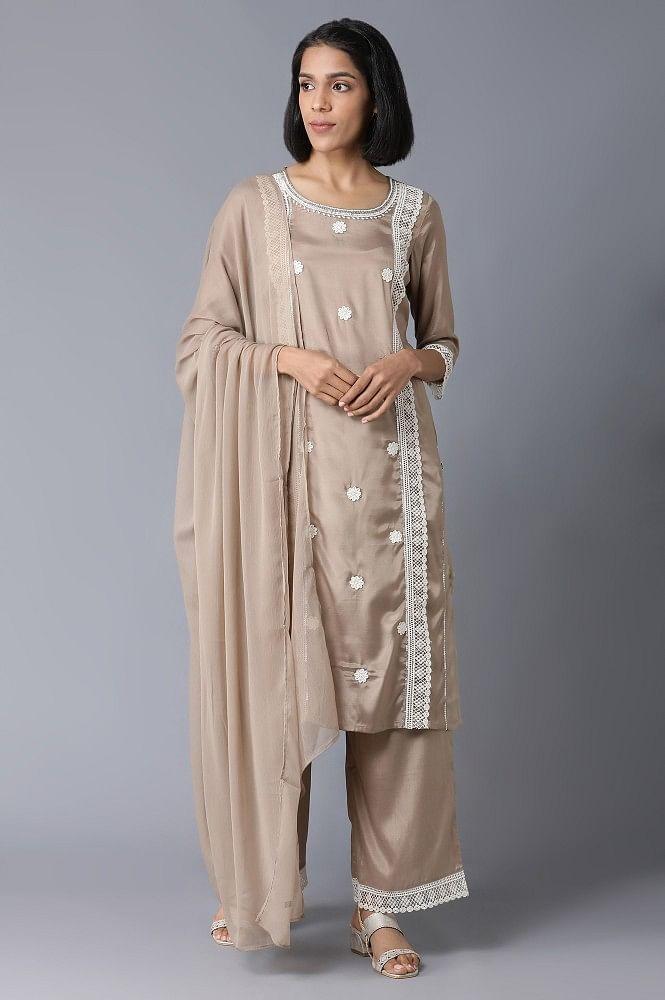 grey round neck embroidery kurta set