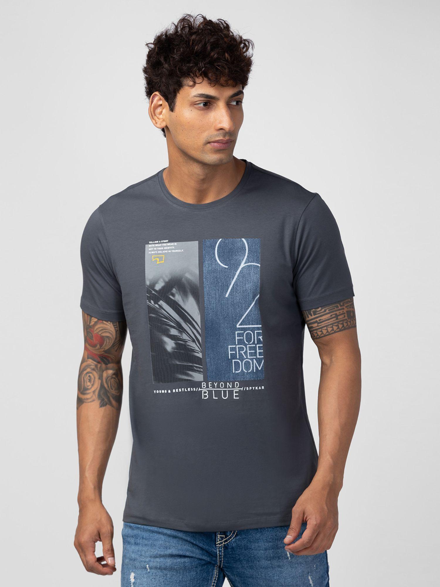 grey round neck half sleeves blended t-shirt for men