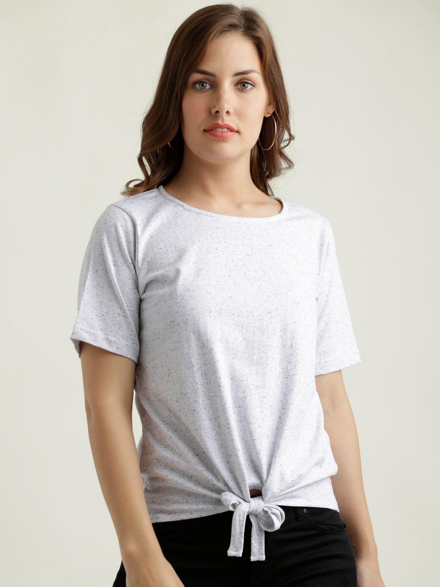 grey round neck half sleeves solid knotted textured top