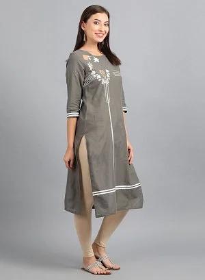 grey round neck printed kurta